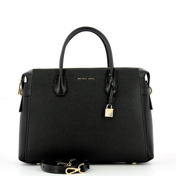 Michael Kors Handbags - Michael Kors - Mercer Belted Large Satchel - Pebbled Leather - Black & Gold-tone
